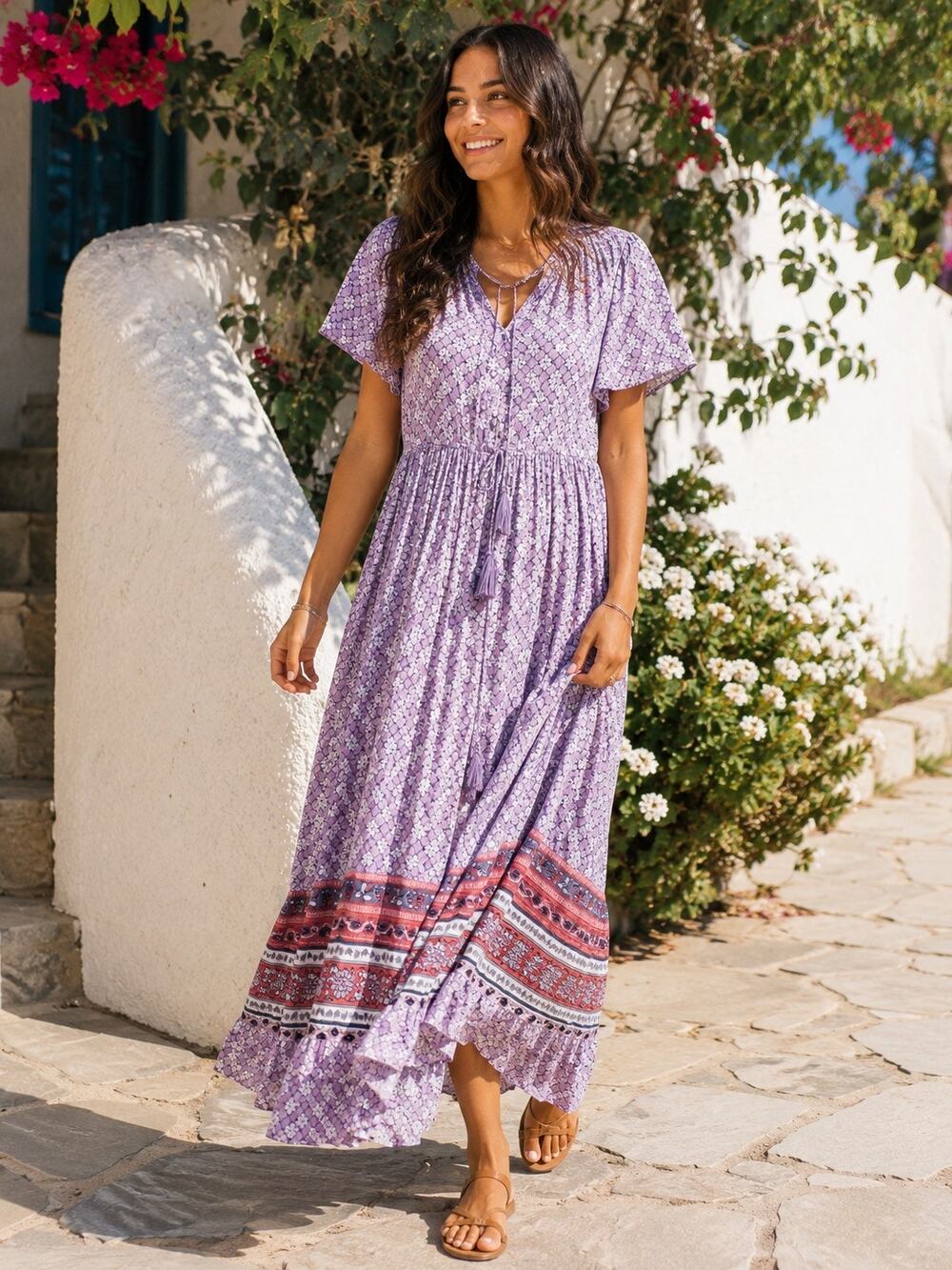 Knox Rose Lilac Haze Boho Maxi Dress Floral Flutter Sleeve Tassel Waist NWT M